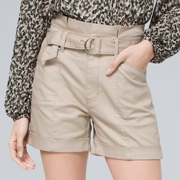 WHBM High-Rise 5-Inch Coated Paperbag Belted Shorts Beige - Picture 1 of 7
